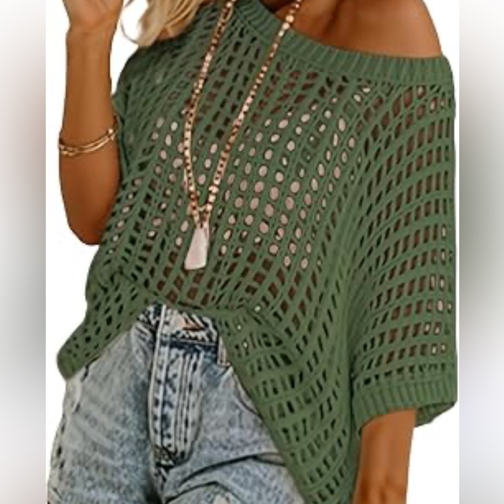 NWT UEU Crochet Hollow Out Knit Tops Pullover Crochet Blouse sax XS Women